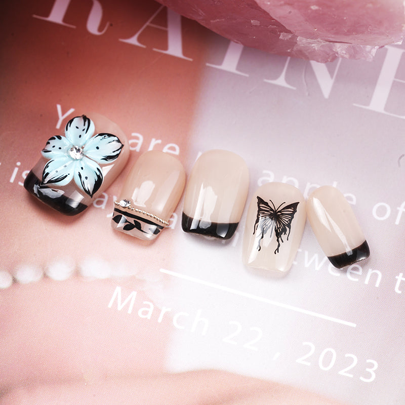 Ice Flower Butterfly-Short Press on Nails Square French Fake Nails Full Cover