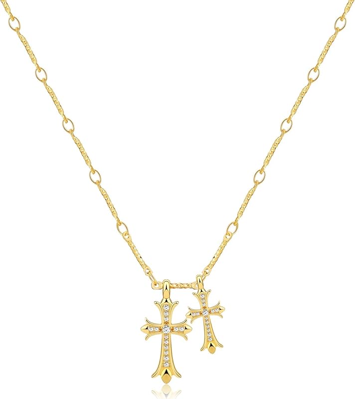 Plated Double Cross Pendant Necklace