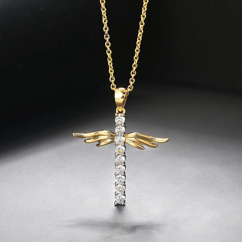 Angel Wings Cross Zircon Light Gold Color Choker Chains