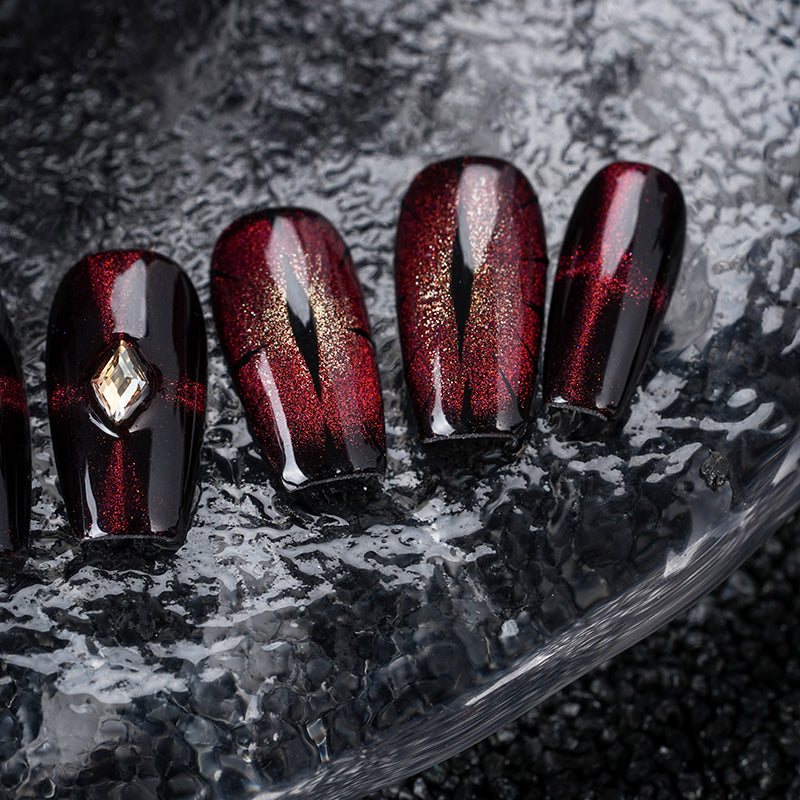 Red - Black Ombre Nails with Gold Gem - Edgy Fashion Manicure