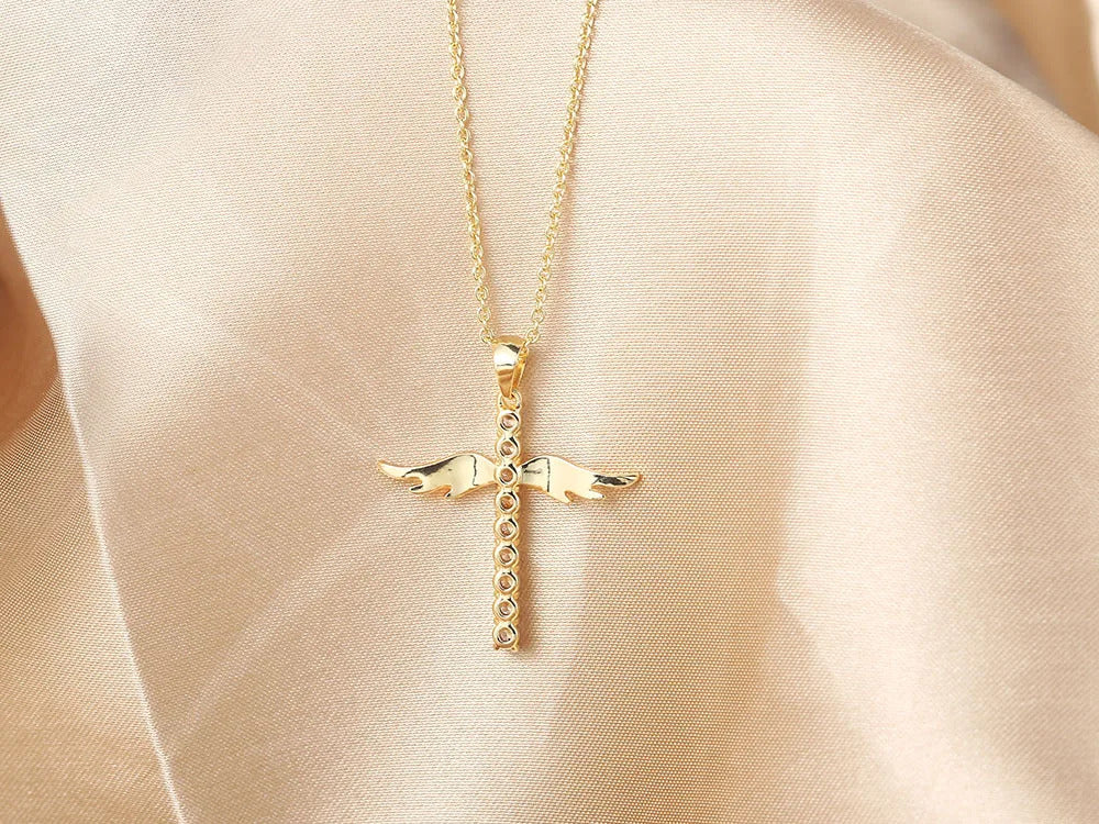 Angel Wings Cross Zircon Light Gold Color Choker Chains