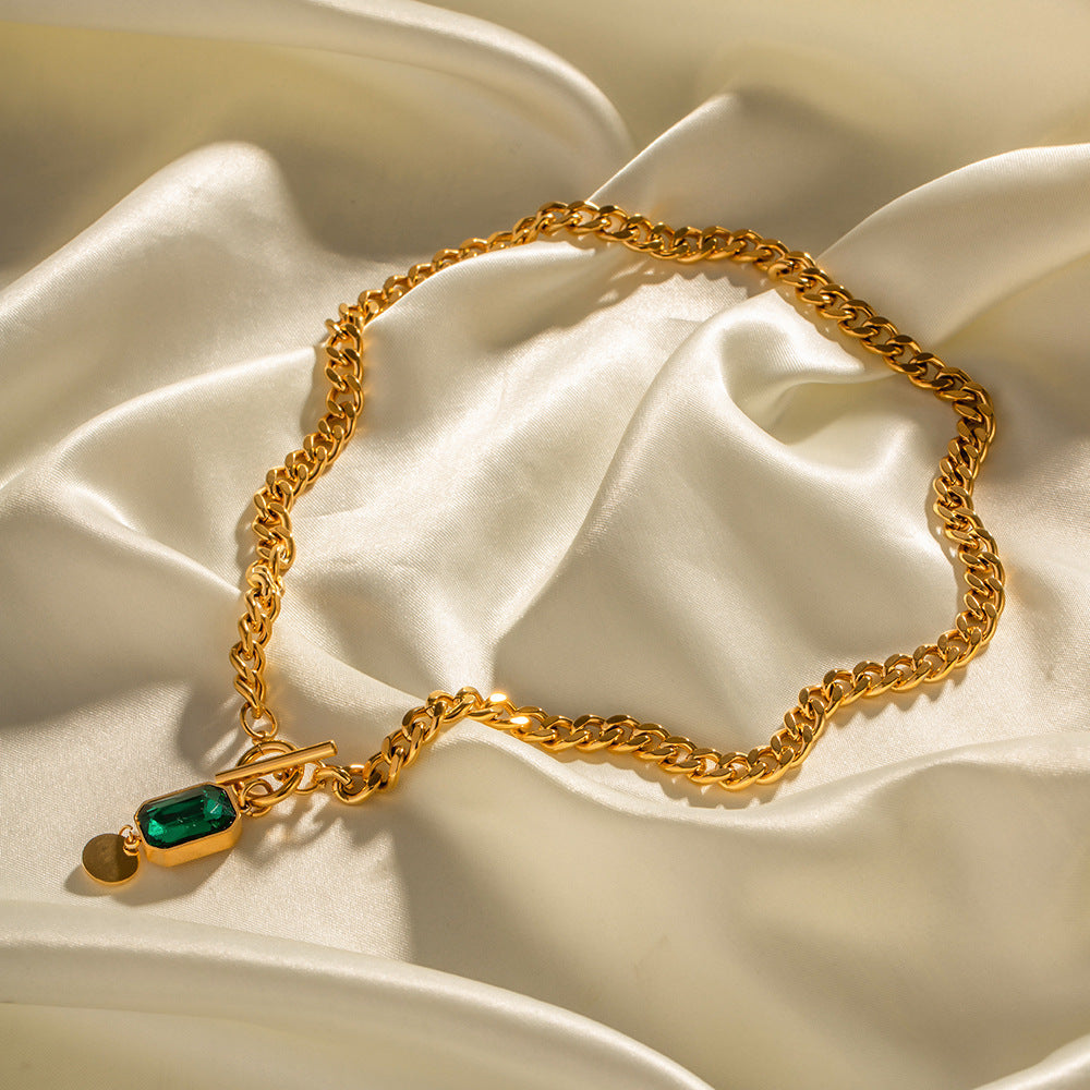 Coarse Chain Green Square Diamond Pendant Short Necklace Neck Chain Clavicle Chain for Women