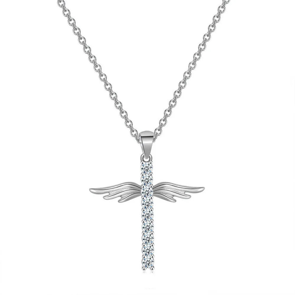 Angel Wings Cross Zircon Light Gold Color Choker Chains