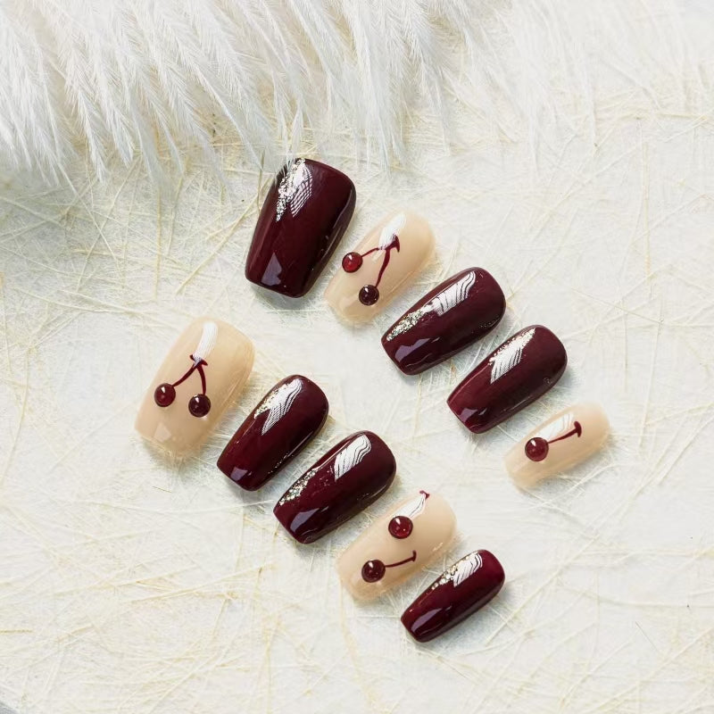 Cherry Accent Burgundy & Nude Nail Set - Trendy Autumn Manicure
