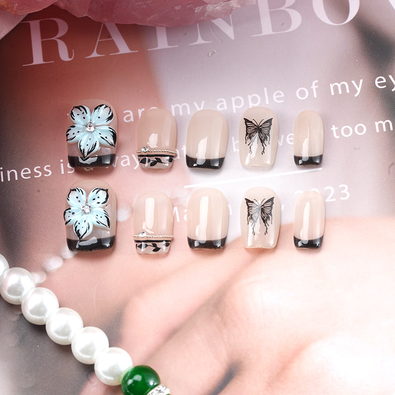 Ice Flower Butterfly-Short Press on Nails Square French Fake Nails Full Cover
