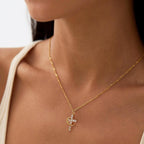 Gold Cross Necklace with Crown Charm