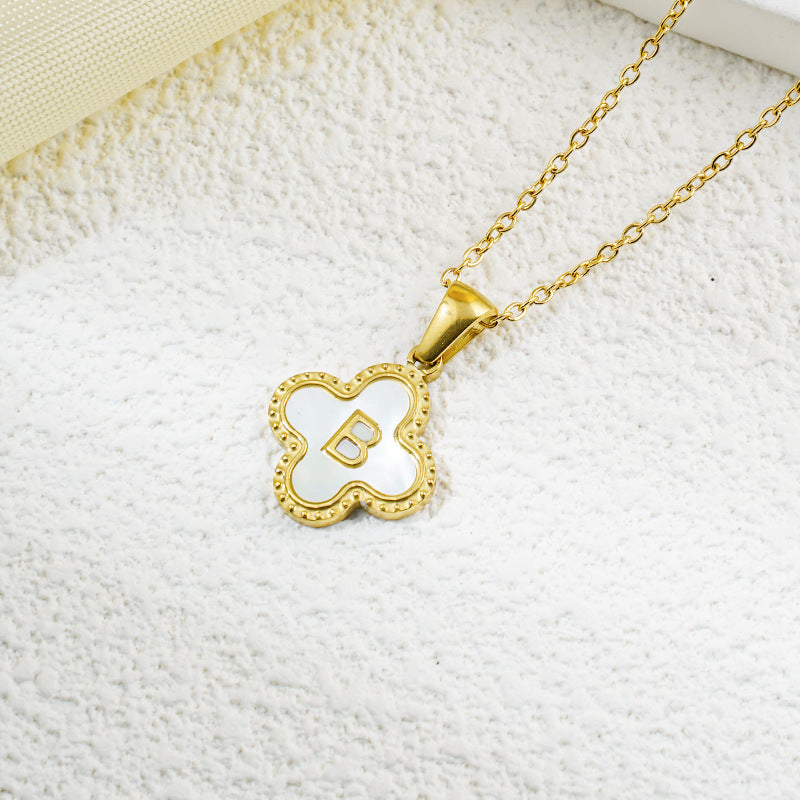 Four-leaf Clover 26 English Letters Black and White Mother-of-Pearl Necklace