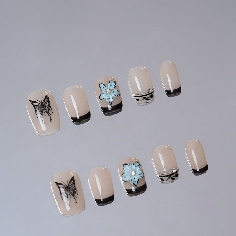 Ice Flower Butterfly-Short Press on Nails Square French Fake Nails Full Cover