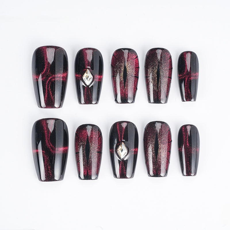 Red - Black Ombre Nails with Gold Gem - Edgy Fashion Manicure