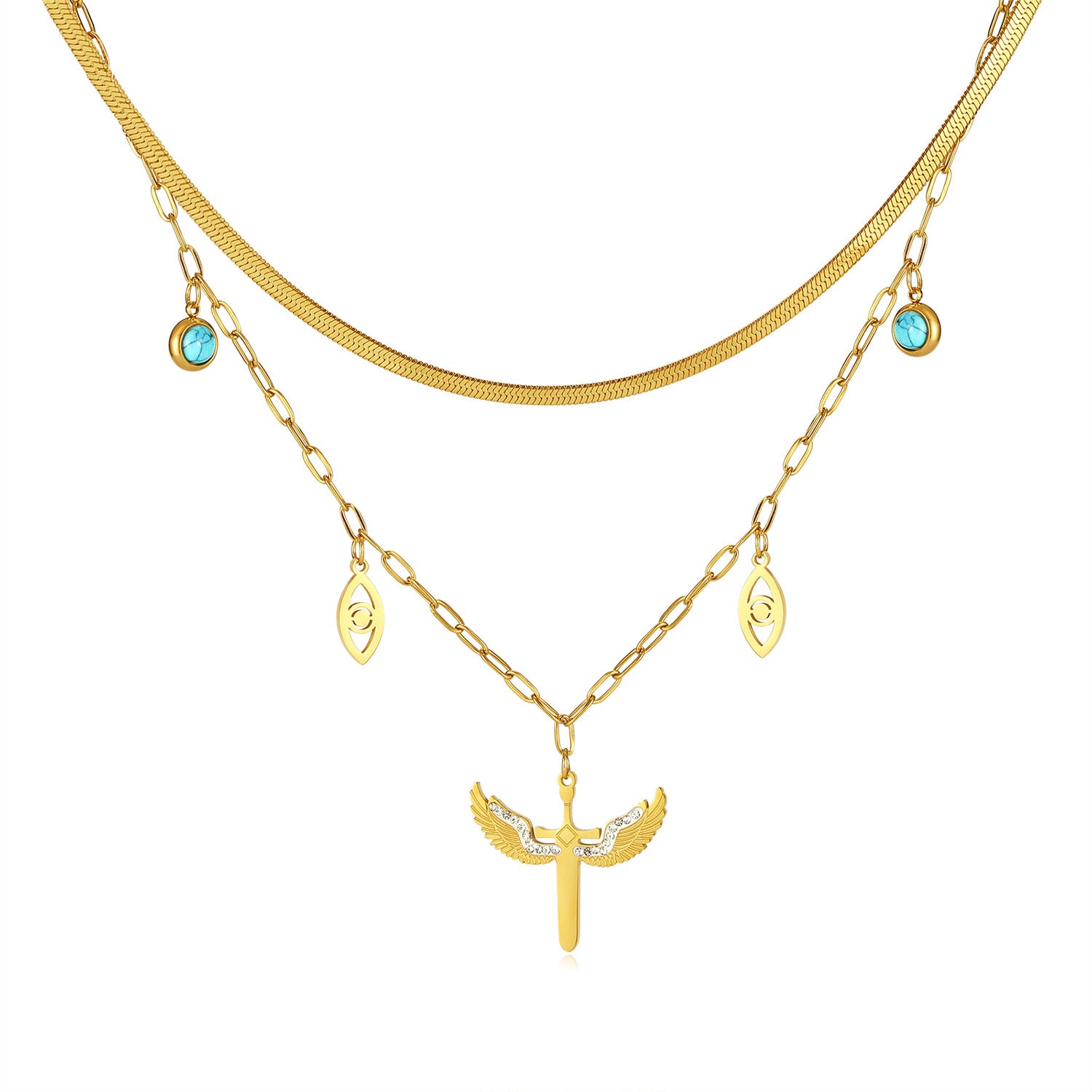 Demon Eye Angel Wings Cross Pendant Steel Necklace
