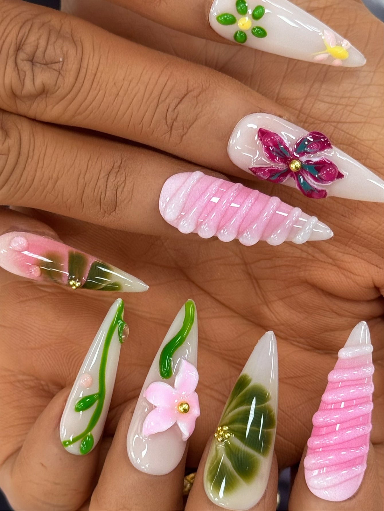3D Pink Flower Chrome Almond