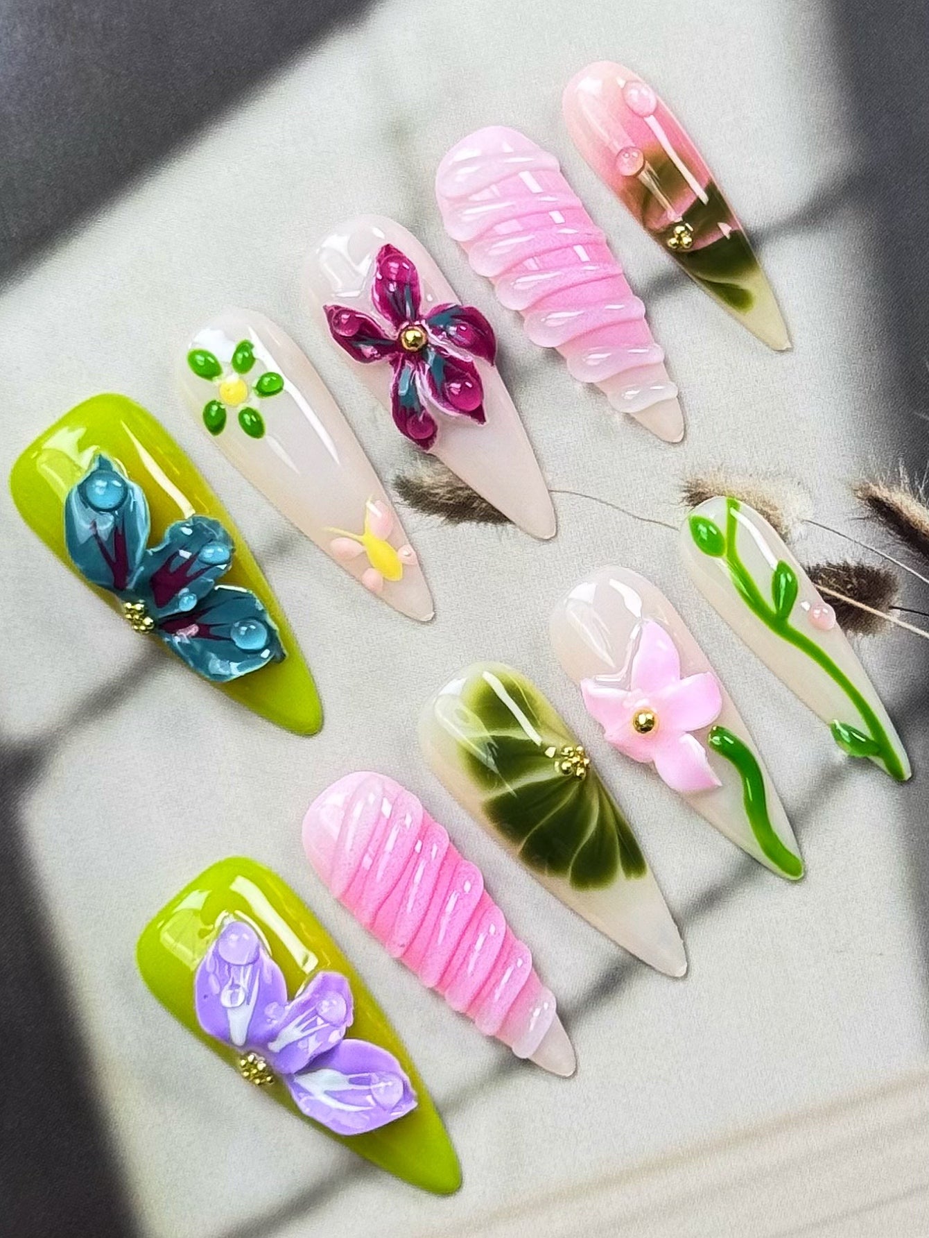 3D Pink Flower Chrome Almond