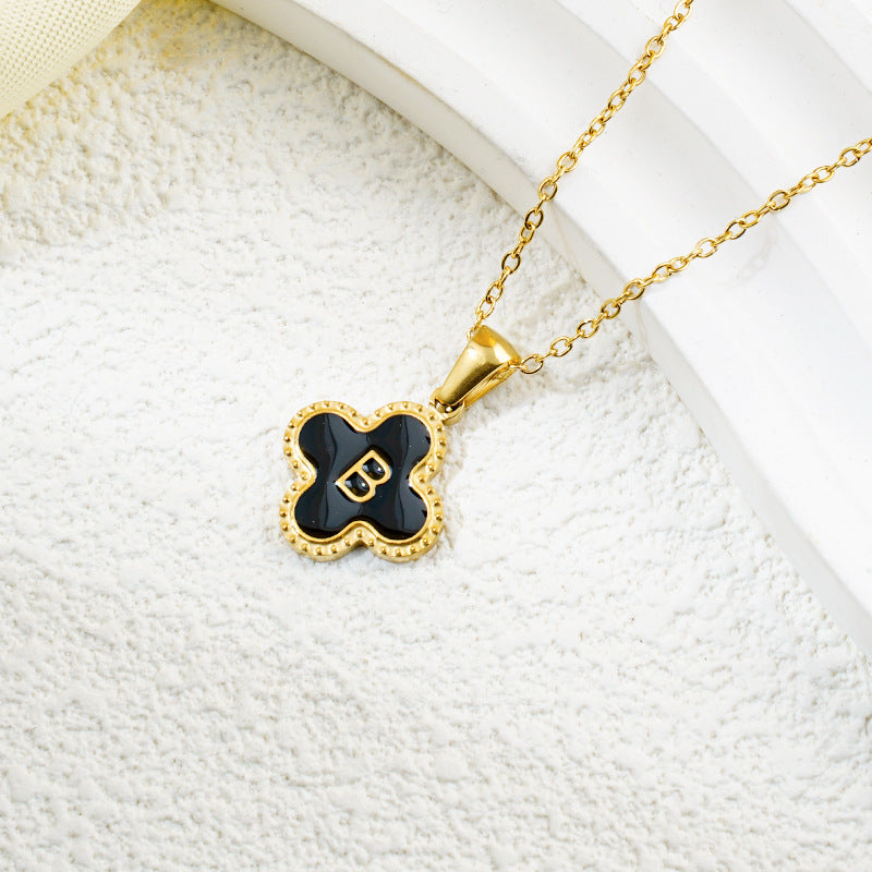 Four-leaf Clover 26 English Letters Black and White Mother-of-Pearl Necklace
