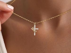 Gold Cross Necklace with Crown Charm