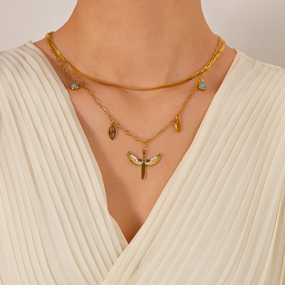 Demon Eye Angel Wings Cross Pendant Steel Necklace