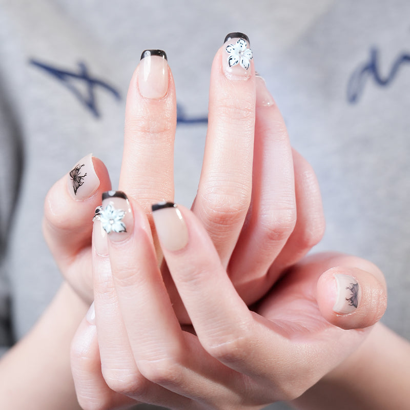 Ice Flower Butterfly-Short Press on Nails Square French Fake Nails Full Cover