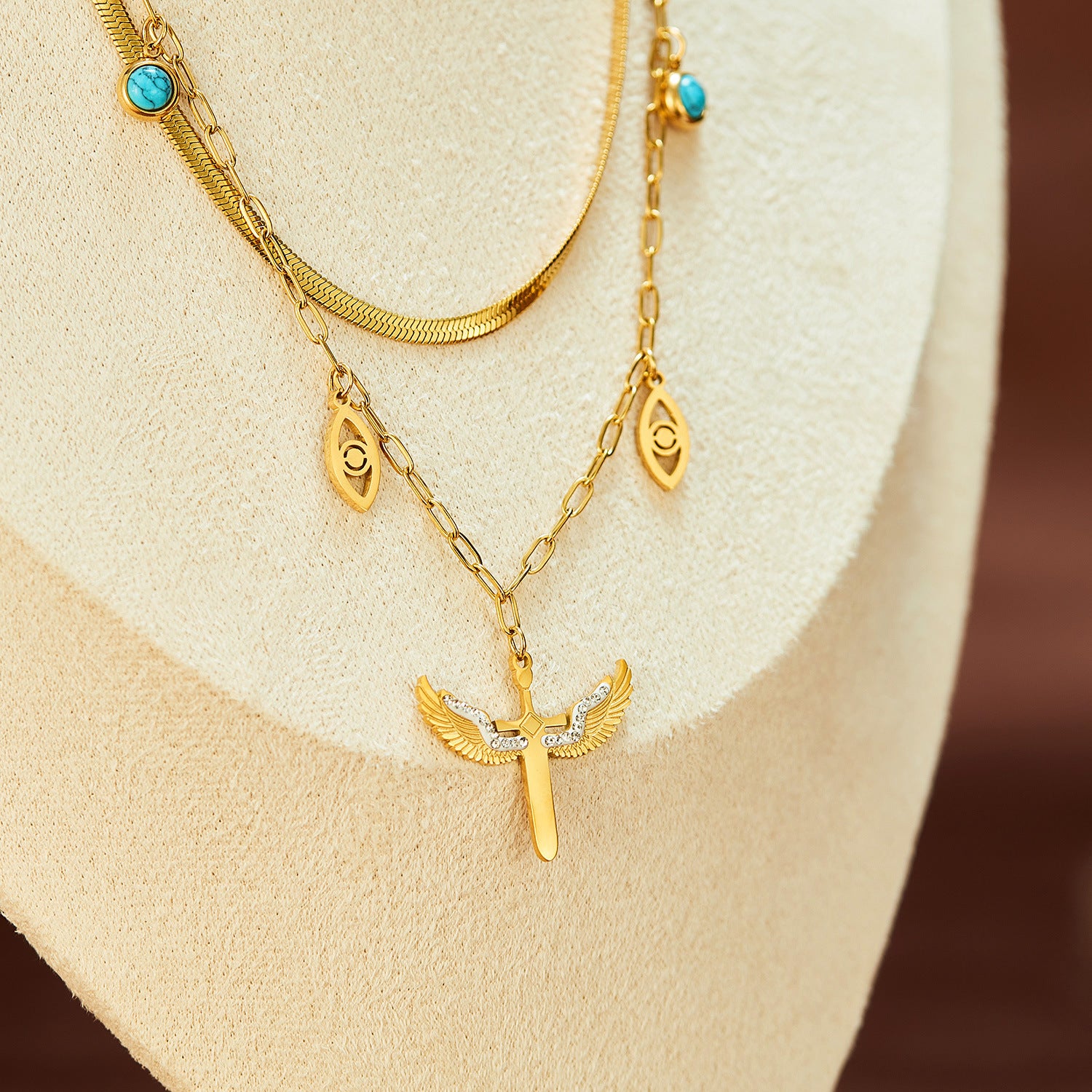 Demon Eye Angel Wings Cross Pendant Steel Necklace