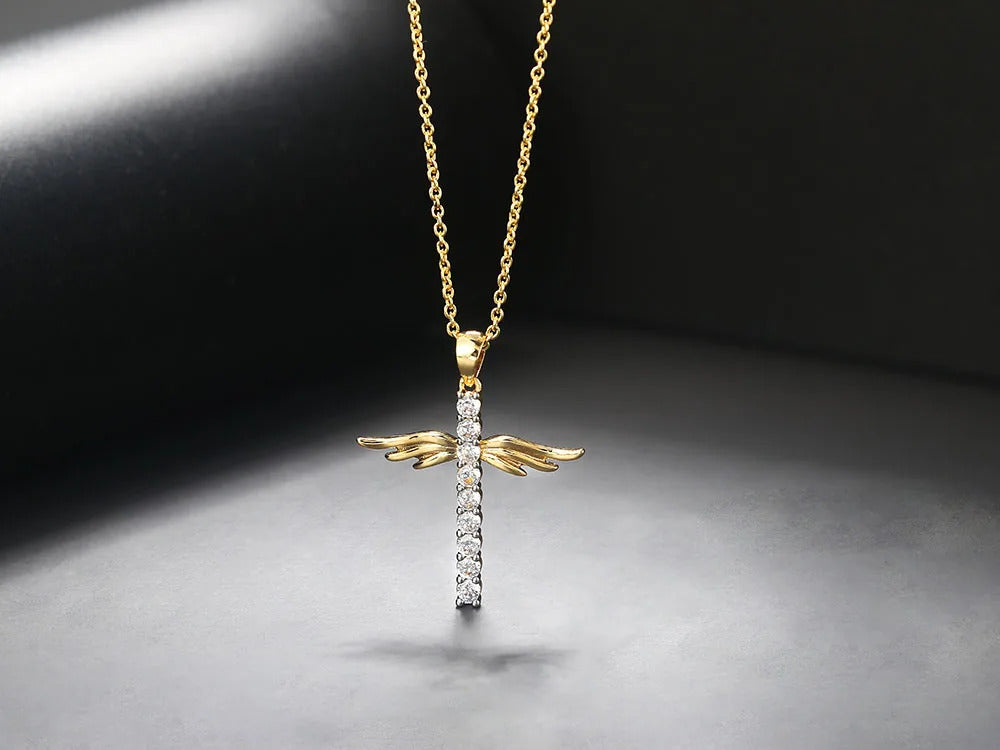 Angel Wings Cross Zircon Light Gold Color Choker Chains