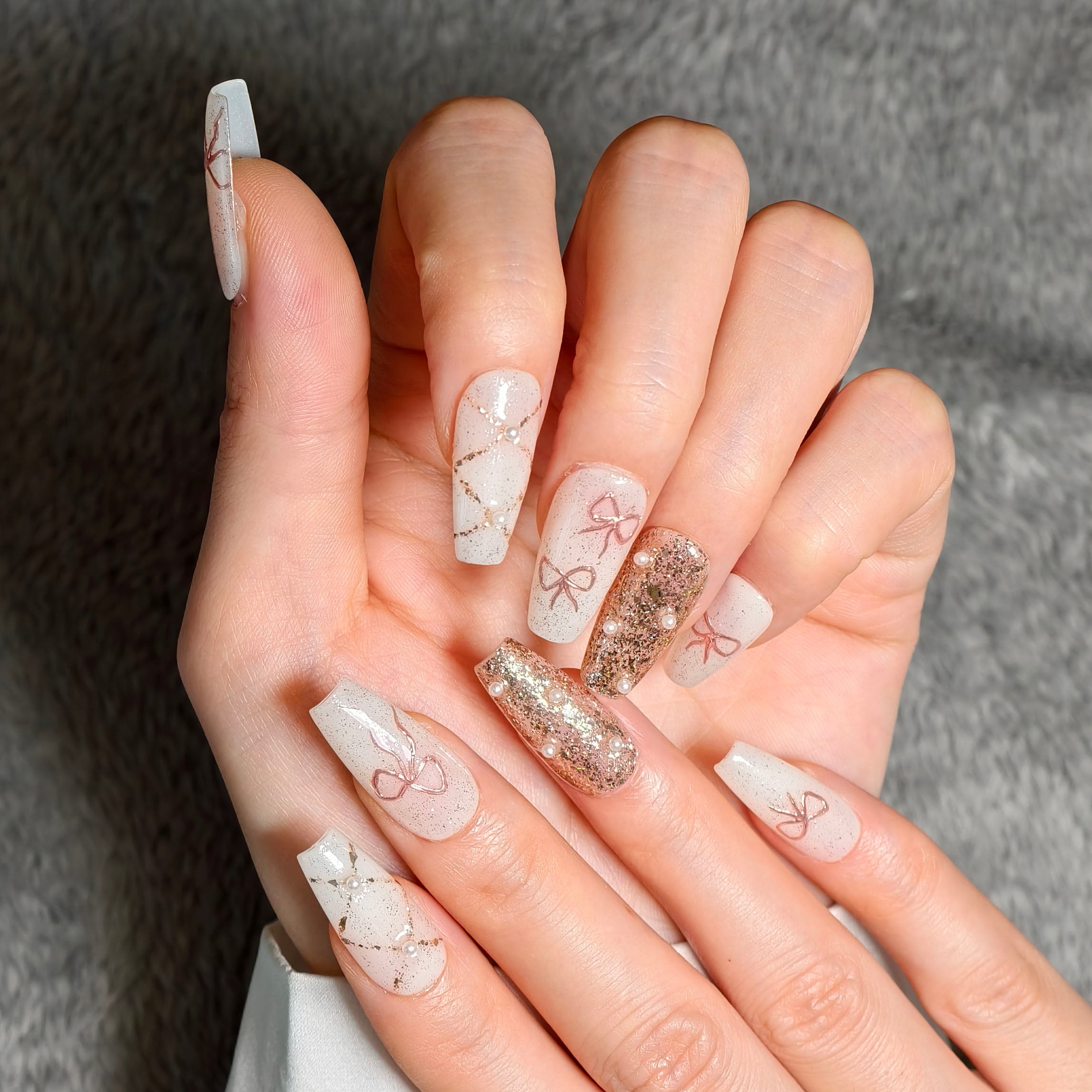 Pink Bow & Pearl Accent Nails - Sweet & Elegant Manicure Set