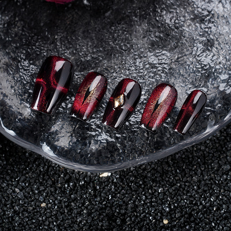 Red - Black Ombre Nails with Gold Gem - Edgy Fashion Manicure