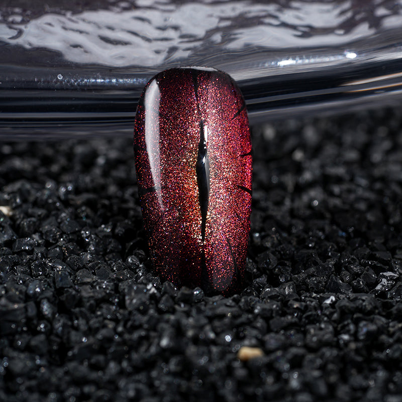Red - Black Ombre Nails with Gold Gem - Edgy Fashion Manicure