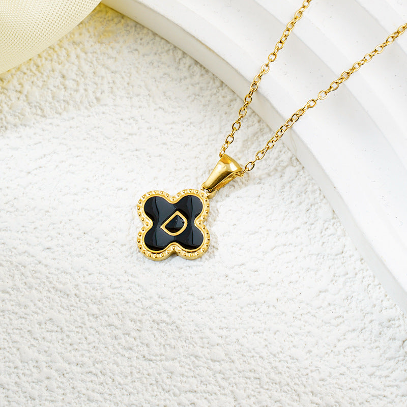 Four-leaf Clover 26 English Letters Black and White Mother-of-Pearl Necklace