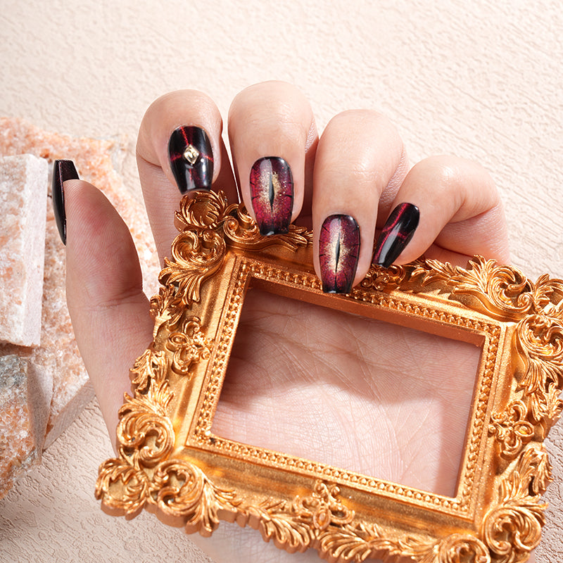 Red - Black Ombre Nails with Gold Gem - Edgy Fashion Manicure