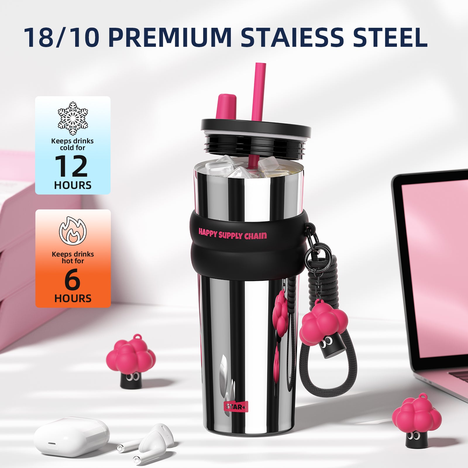 Insulated Tumbler witn Lid and Straw Stainless Steel