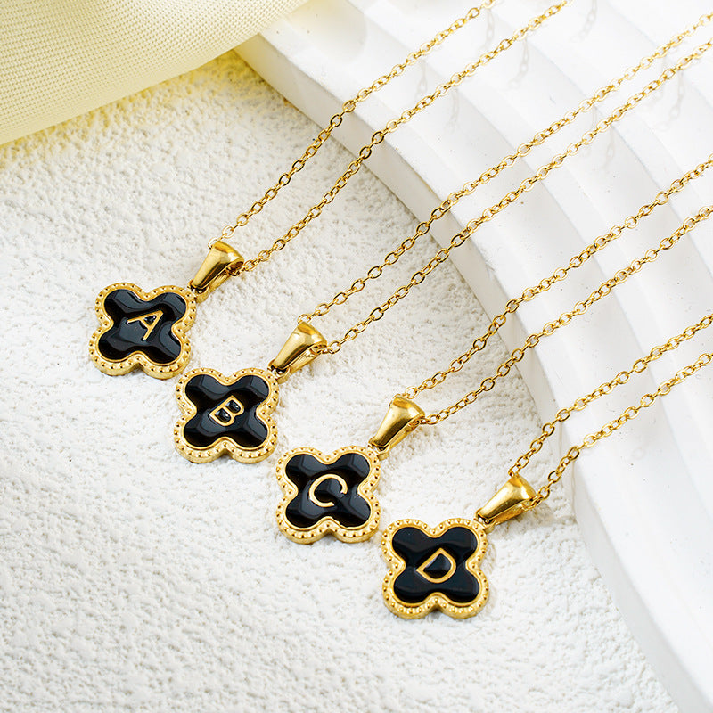 Four-leaf Clover 26 English Letters Black and White Mother-of-Pearl Necklace