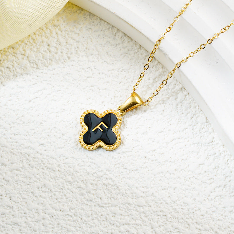Four-leaf Clover 26 English Letters Black and White Mother-of-Pearl Necklace