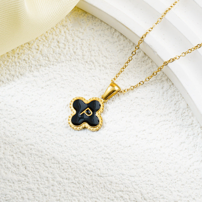 Four-leaf Clover 26 English Letters Black and White Mother-of-Pearl Necklace