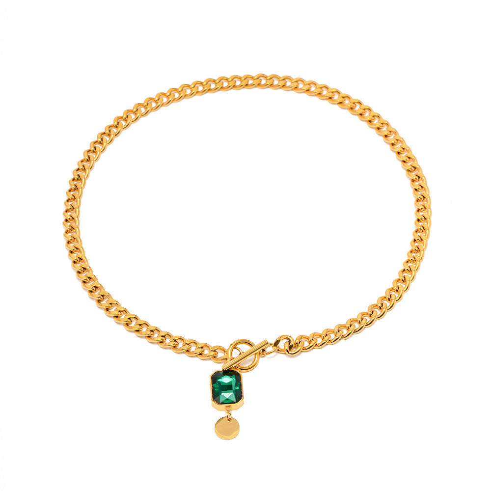 Coarse Chain Green Square Diamond Pendant Short Necklace Neck Chain Clavicle Chain for Women