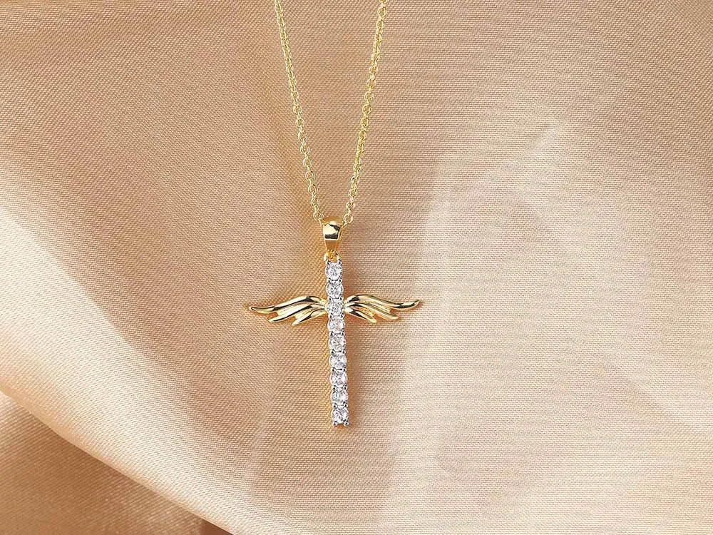 Angel Wings Cross Zircon Light Gold Color Choker Chains