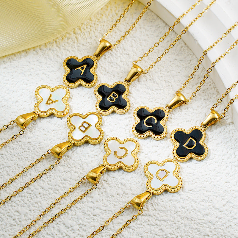 Four-leaf Clover 26 English Letters Black and White Mother-of-Pearl Necklace