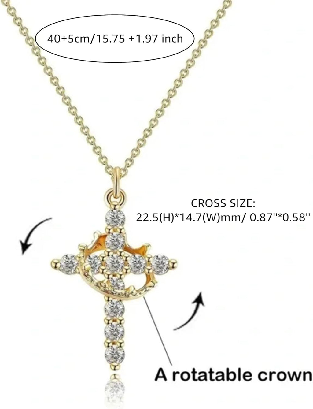Gold Cross Necklace with Crown Charm