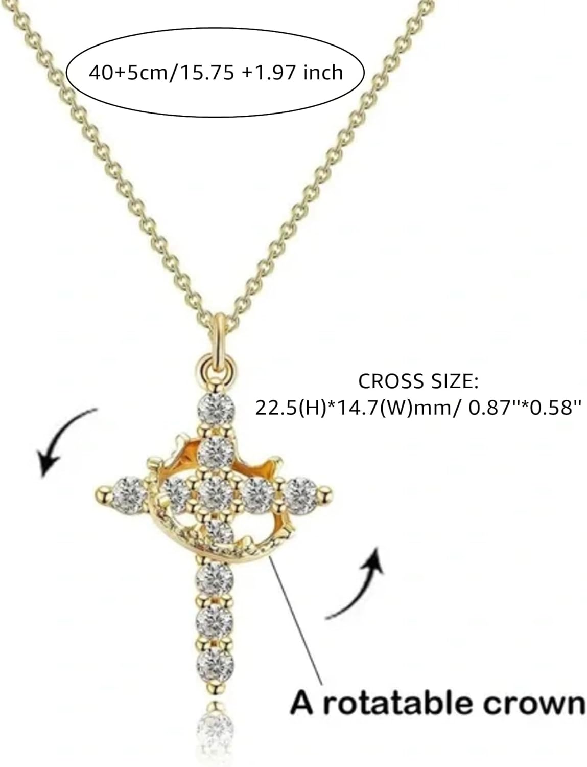 Gold Cross Necklace with Crown Charm