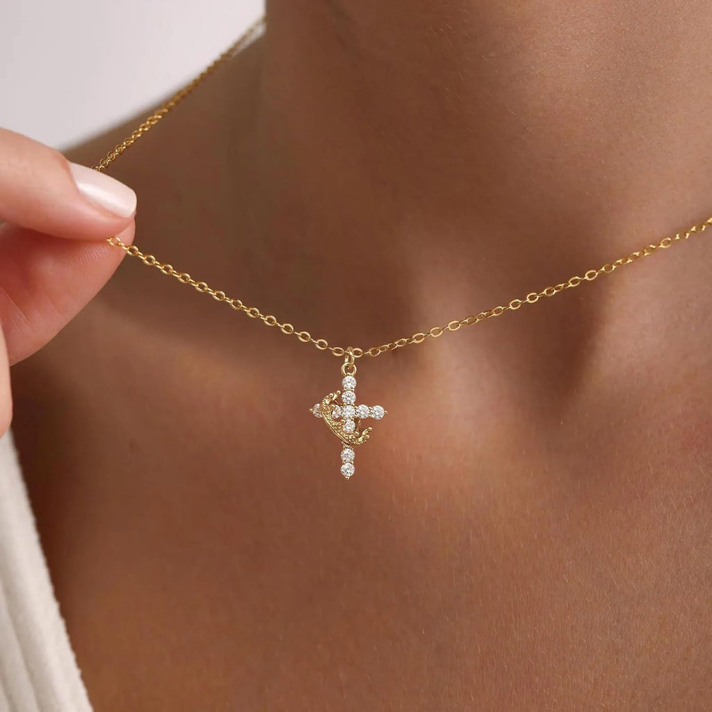 Gold Cross Necklace with Crown Charm