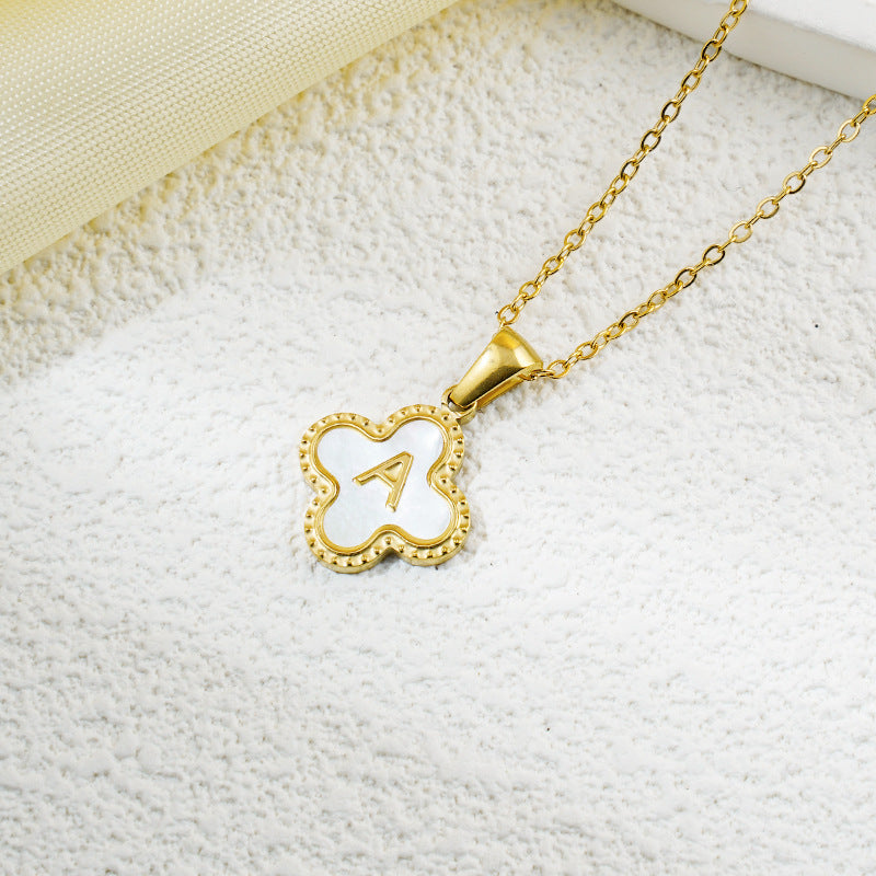 Four-leaf Clover 26 English Letters Black and White Mother-of-Pearl Necklace