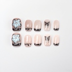Ice Flower Butterfly-Short Press on Nails Square French Fake Nails Full Cover
