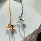Gold Cross Necklace with Crown Charm