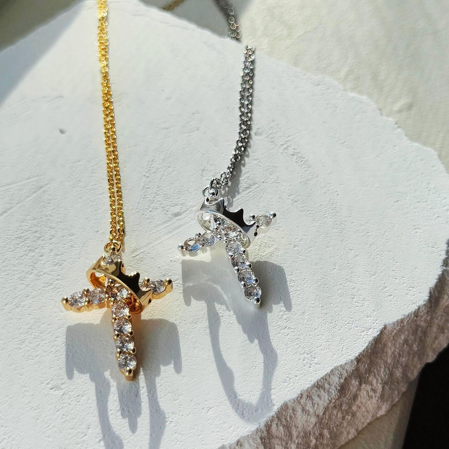 Gold Cross Necklace with Crown Charm