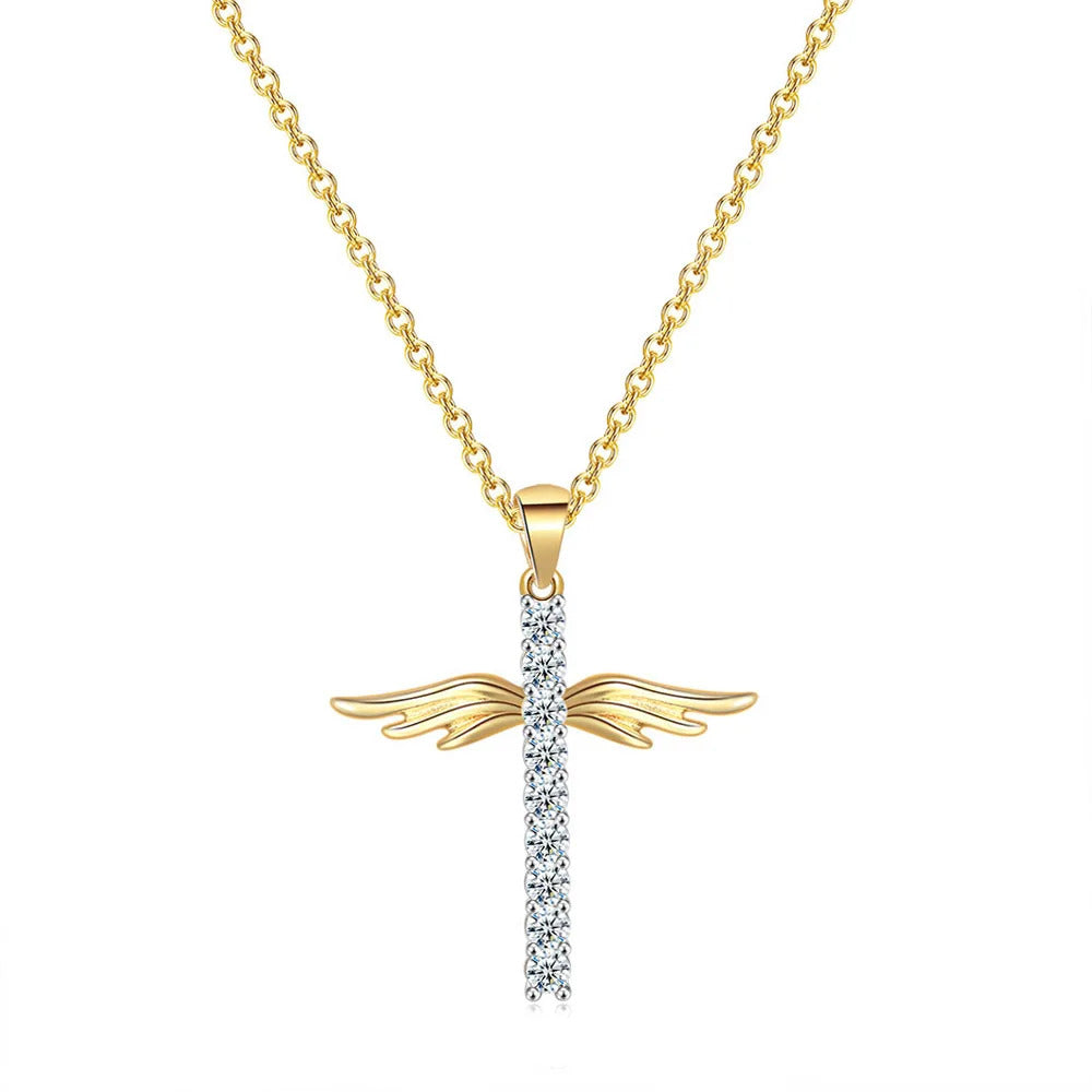 Angel Wings Cross Zircon Light Gold Color Choker Chains