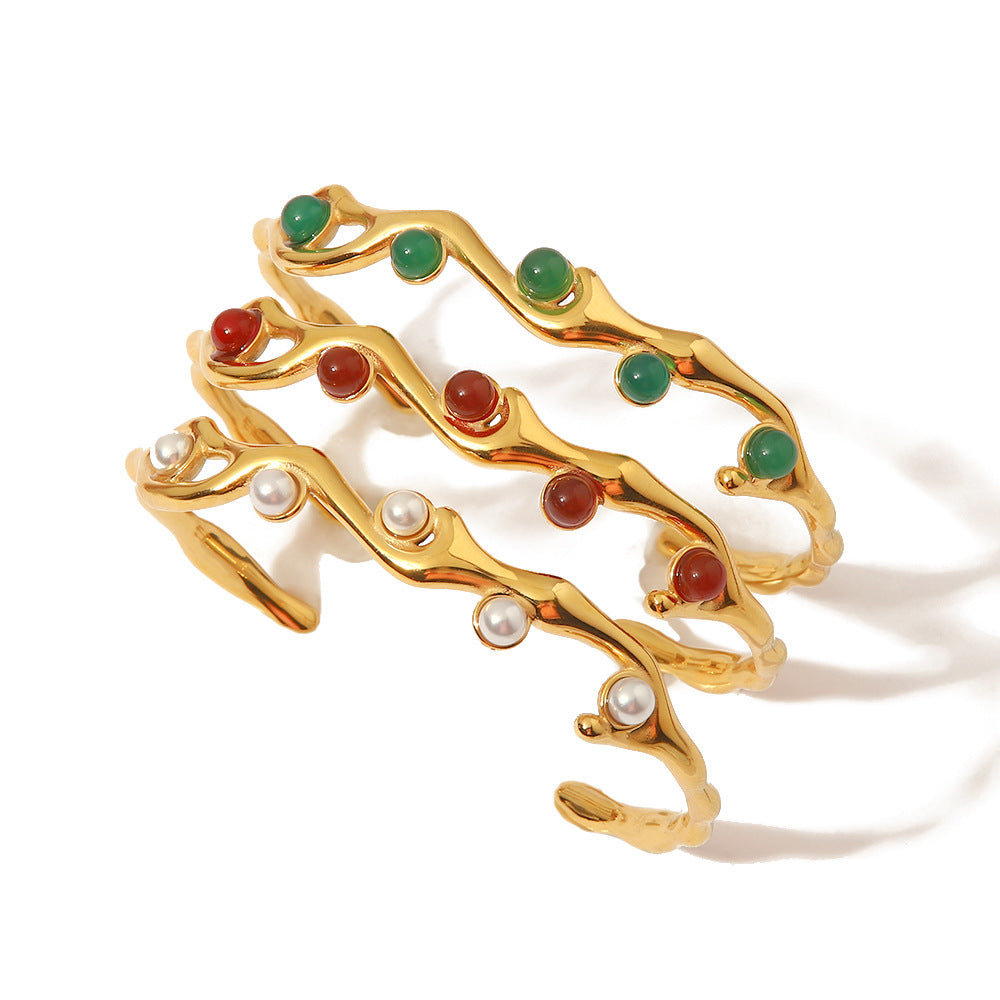 French Retro Green and Red Natural Stone Bracelet