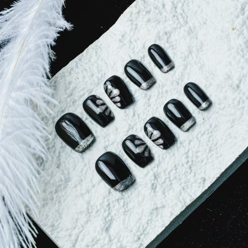Black & Silver Glitter Accent Nails - Stylish Party Manicure Set