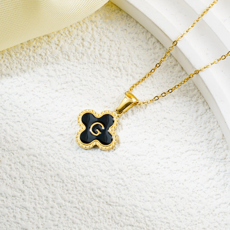 Four-leaf Clover 26 English Letters Black and White Mother-of-Pearl Necklace