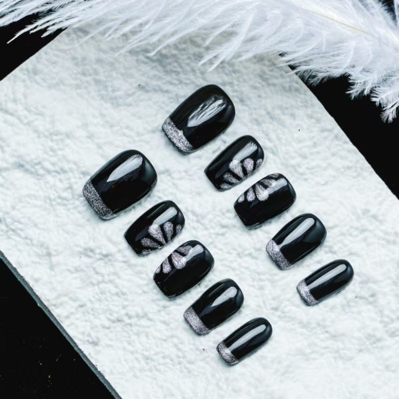 Black & Silver Glitter Accent Nails - Stylish Party Manicure Set