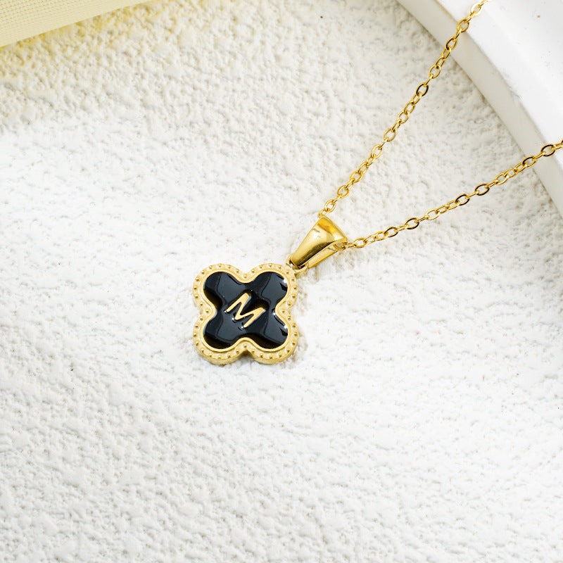 Four-leaf Clover 26 English Letters Black and White Mother-of-Pearl Necklace