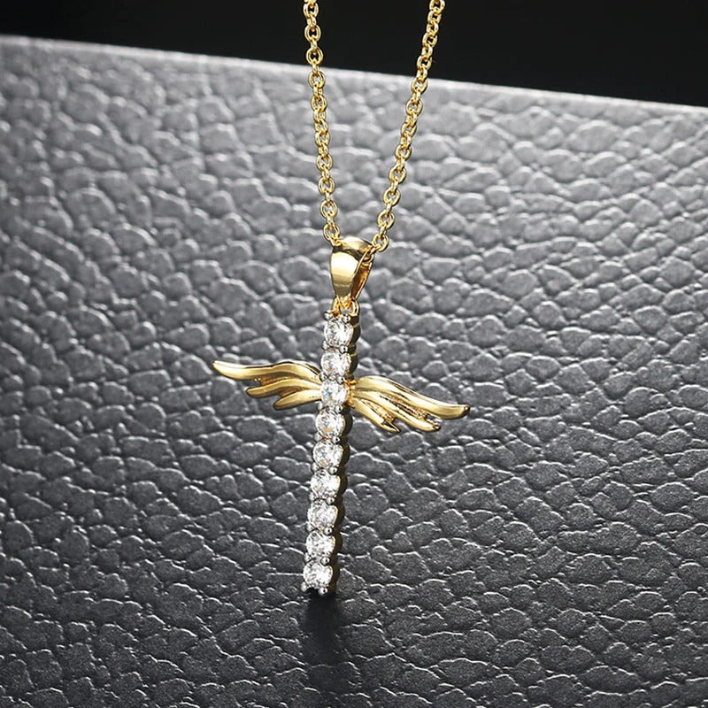 Angel Wings Cross Zircon Light Gold Color Choker Chains