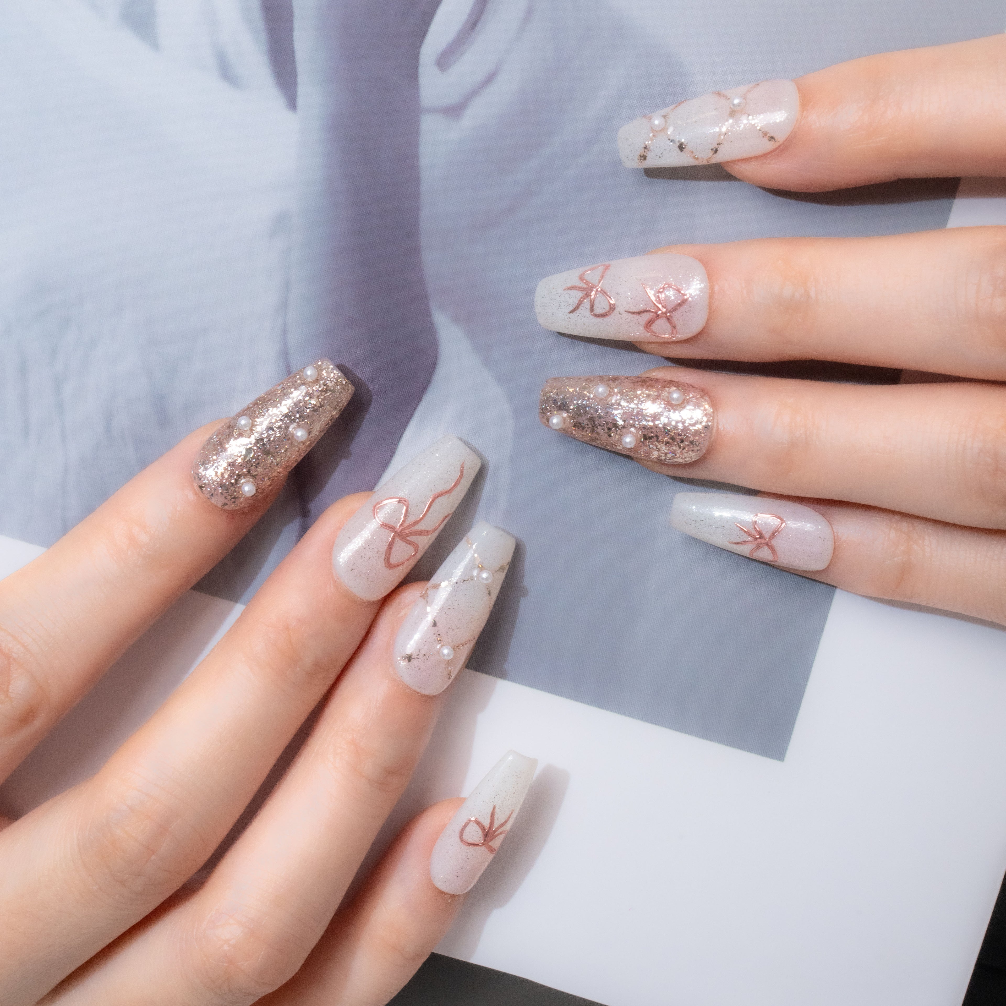 Pink Bow & Pearl Accent Nails - Sweet & Elegant Manicure Set
