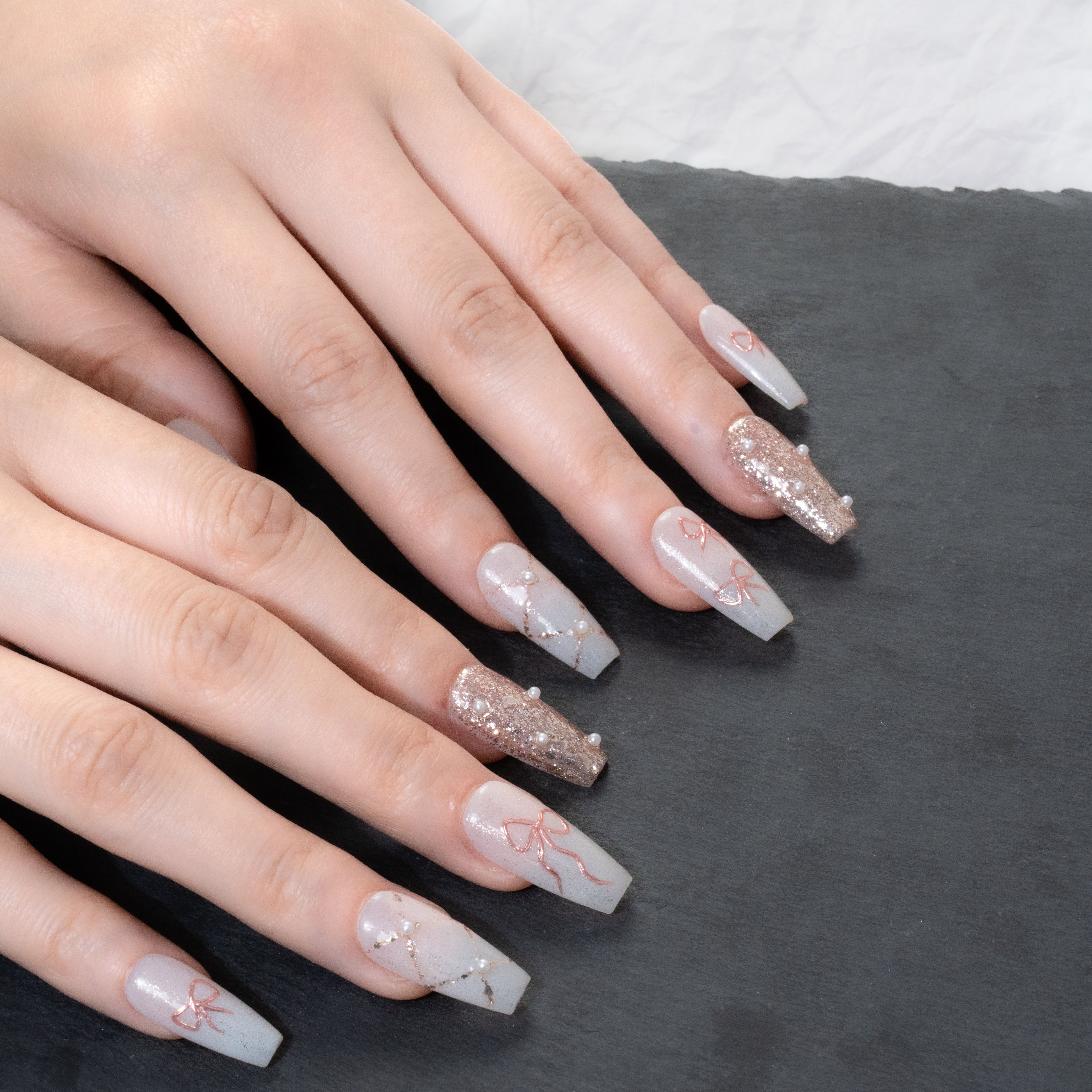 Pink Bow & Pearl Accent Nails - Sweet & Elegant Manicure Set